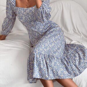 Blue cottage core puff sleeves floral ruffle hem dress